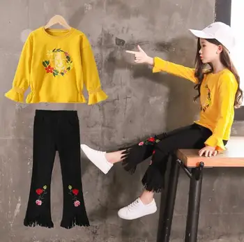 

3-12 Years Girls Long Sleeve Clothes Suit Fashion Kids Floral T Shirt+Pants Two-pieces Set Cotton Teenage Girl Clothing Outfits