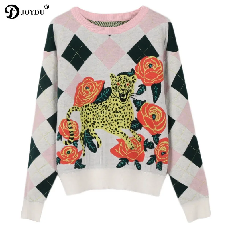 JOYDU 2018 Runway Casual Lady's Sweaters Leopard Flower Argyle Wool Jumper Long Sleeve Cute Thick Winter Knitted Sweater Women | Женская