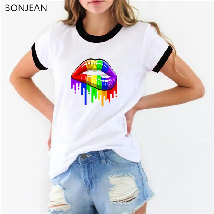 Pride Lgbt Gay Love, женские футболки с принтом радужных губ, модная футболка с надписью Love, женская футболка, летняя одежда - Цвет: 40431B
