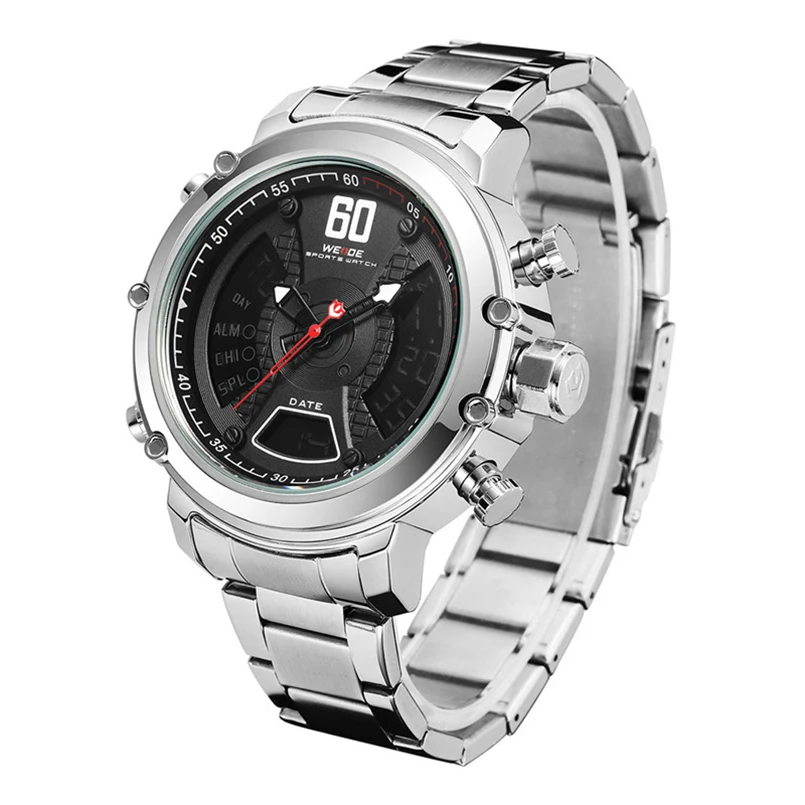 WEIDE fashion LCD Analog Digital Dual Display Quartz Men Sport Watch Business Stainless Steel Strap Wristwatches Multifunctional