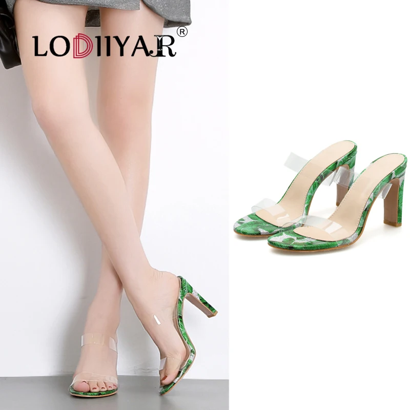 

Women High Heels Slippers Slip On Transparent Double Strap leaf Pattern Casual Shoes Party Dress Sandals Green Female Sexy Pumps