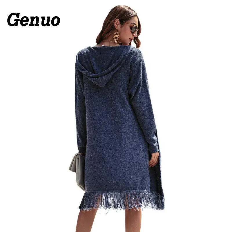 Genuo Women Knitted Cardigan Coat Autumn Winter Long Sleeve Loose Tassel Sweater Jacket Elegant Female Hooded Outwear Overcoat