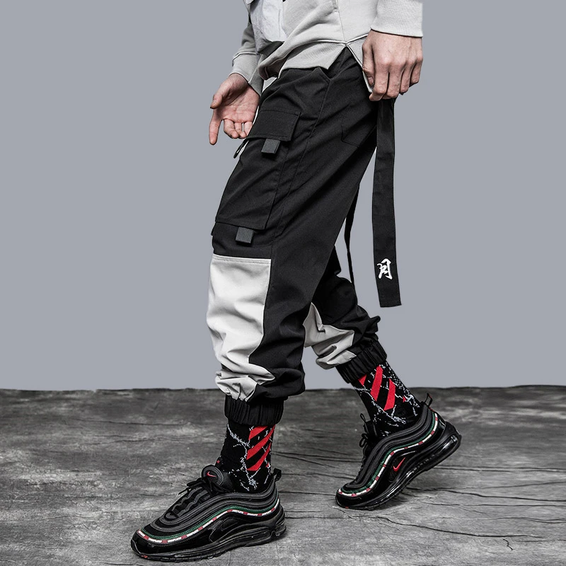 US Size Cargo Pants Men Pocket Loose Trousers Letter Embroidery Hip Hop Harem Male Joggers Streetwear Ribbon Skateboard GY18