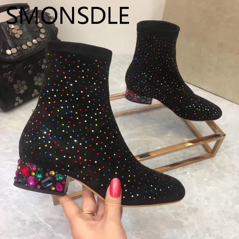 

2018 New Spring Autumn Shoes Woman Ankle Boots Square Crystal Heels Women Kid Suede Tide Boots Slip On Women Shoes Martin Boots