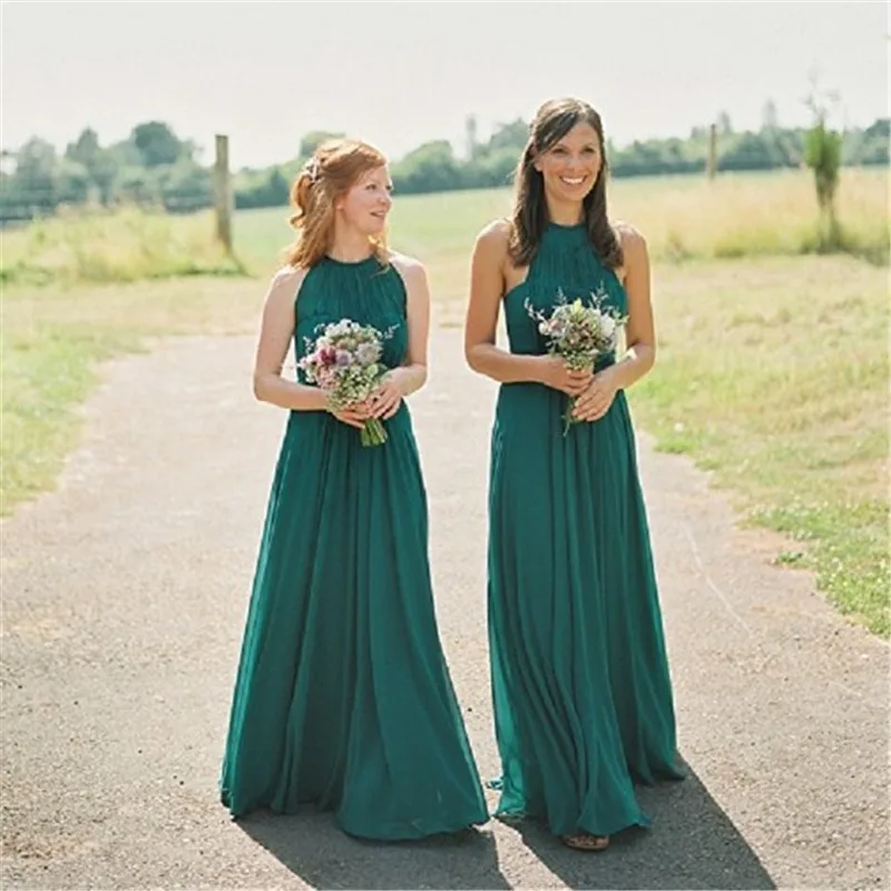 Emerald Green Long Chiffon Bridesmaid Dresses Halter Wedding Guest