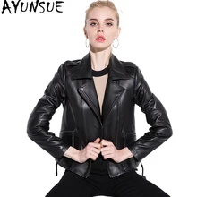 AYUNSUE, модное осеннее зимнее пальто, женские черные Куртки из натуральной кожи, мотоциклетная Женская куртка из натуральной овчины 1851