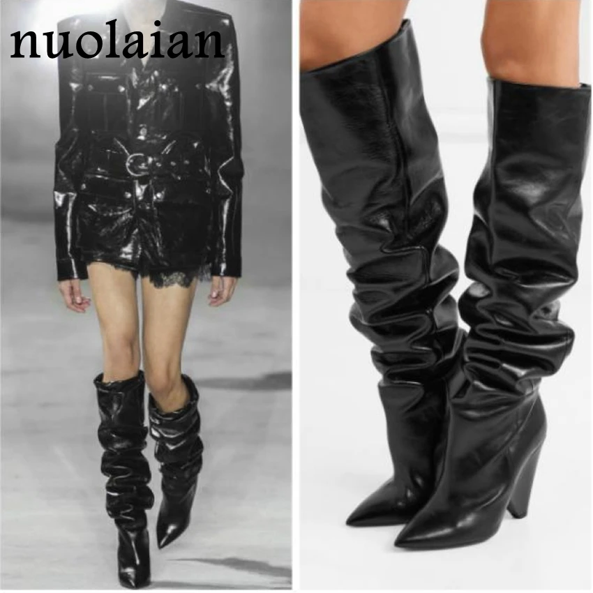 Black Leather Thigh High Boots Women 9CM High Heel Over The Knee Boots Woman Motorcycle Boot Snow Winter Boots With Fur Shoe