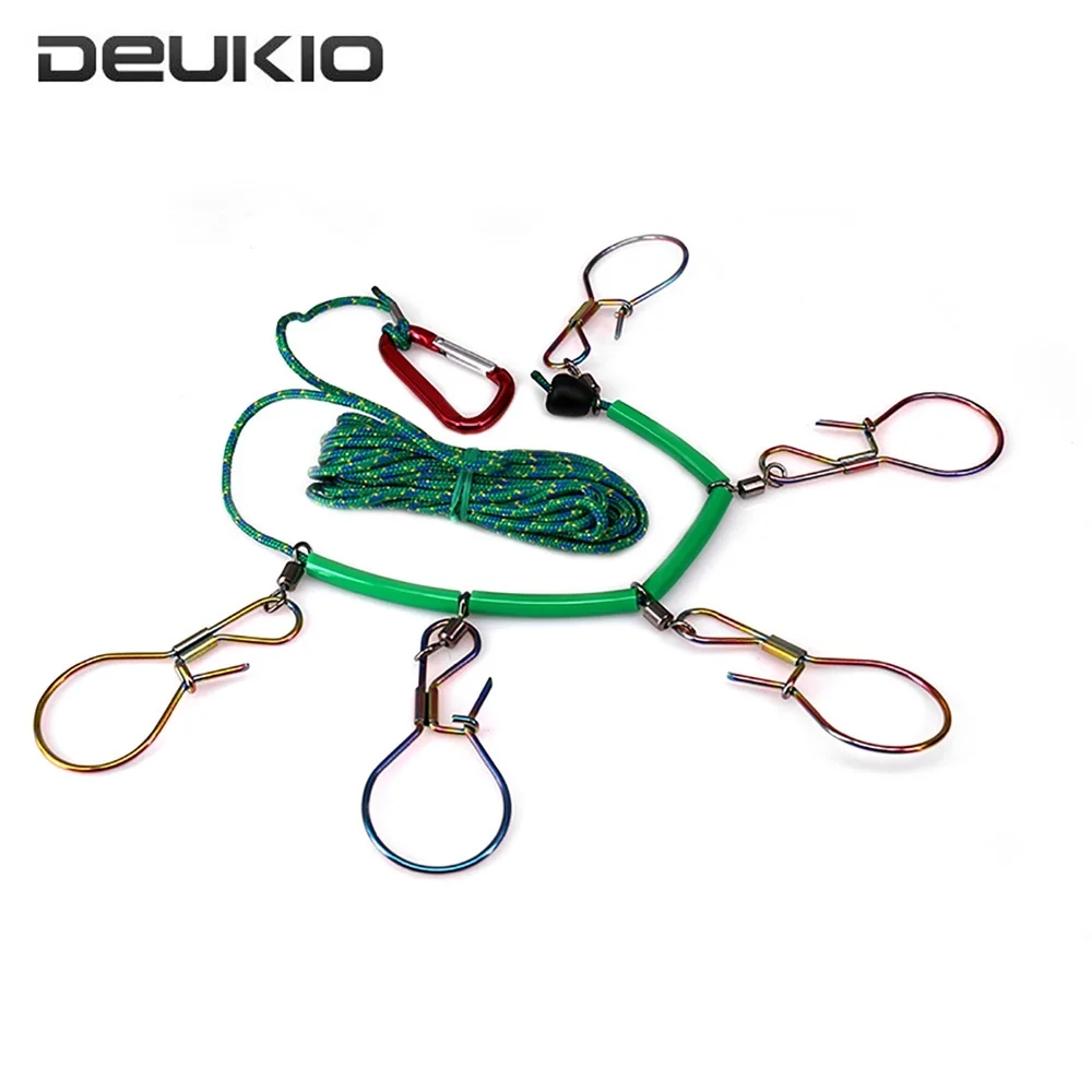

DEUKIO Stainless Steel Fishing Lock Buckle Live Fish Buckle Chain Lock Stringer Rope with Carabiner 5 Snaps Pesca Fishing Tool