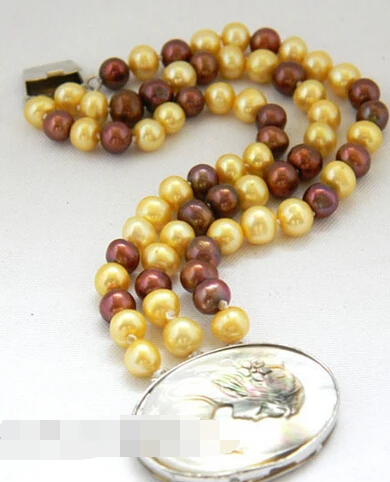 

free shipping 01461 3row golden coffee round freshwater pearl Bracelet