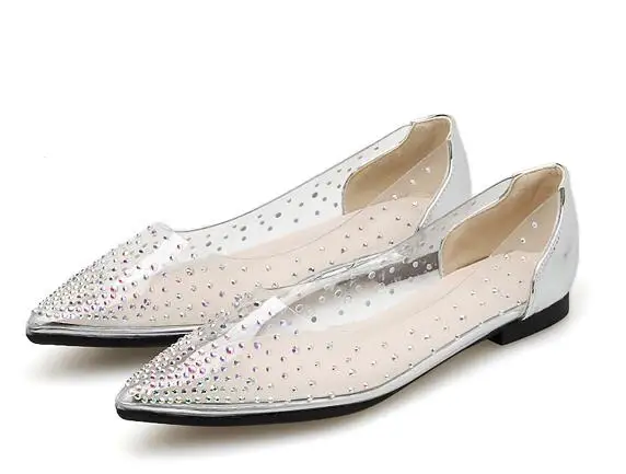 Aneikeh/ г. Лаконичные женские туфли на плоской подошве, из ПВХ, с бусинами, прозрачные, без шнуровки, однотонная повседневная обувь для вечеринок цвет черный, серебристый, Шампанский, Size35-40 - Цвет: silver