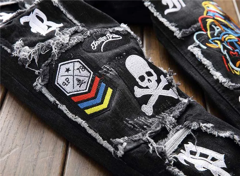 Mcikkny New Fashion Men's Punk Jeans Pants Washed Ripped Distressed Denim Trousers For Men Skull Tiger Embroidery Size 29-38 