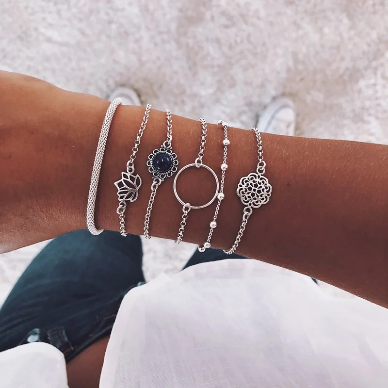 

6pcs/set Vintage Simple Silver Color Lotus Bracelet for Women Flower Chain Beaded Bracelets Bangles Chain & Link Bracelet
