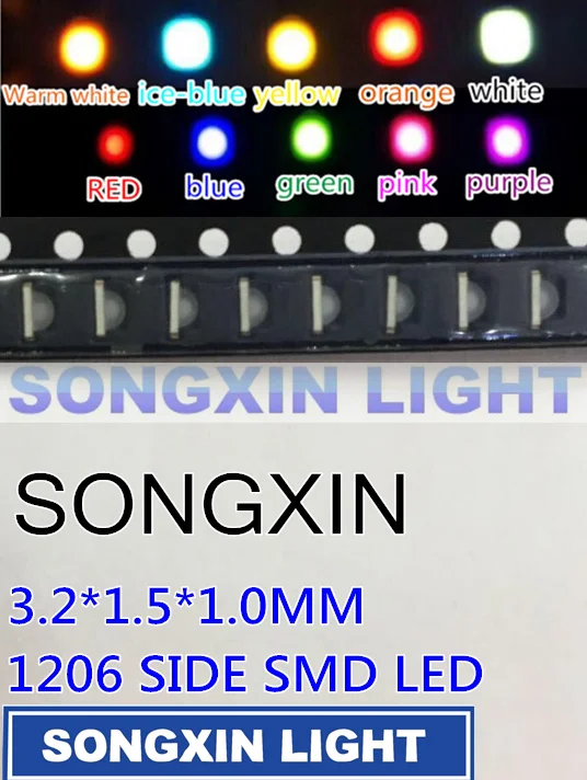 

100PCS 3216 3010 3016 1206 1204 Right Angle Side White Red Blue Green Yellow Pink Orange UV-Purple Warm White RGB ICE-BLUE IR