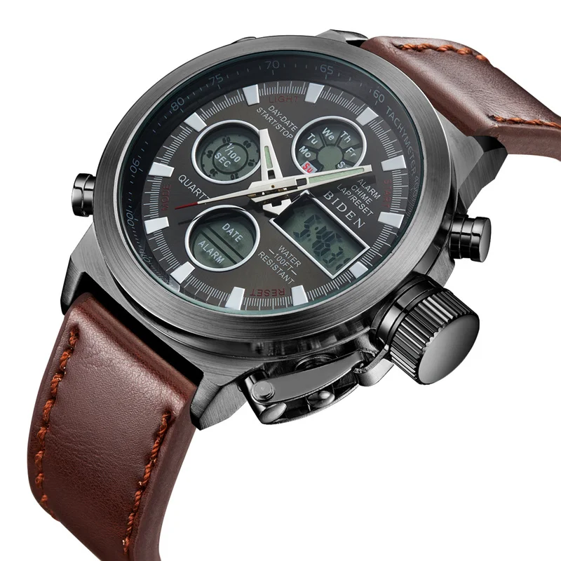 

Men Luxury Brand Dual Display Sports Watches Leather Nylon Luminous Military Quartz Watch Digital Waterproof Watch Male Clock