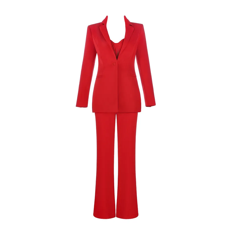 Высокое качество мода осень широкие брюки взлетно посадочной полосы красный леди комплект из двух предметов брюки с длинным рукаво