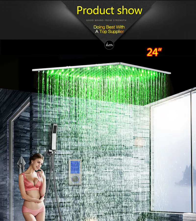 hm Intelligent Digital Display Rain Shower Set Installed in wall 2 Jets LED 24 Rainfall Thermostatic Touch Panel Mixer (13)