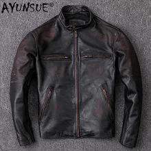 AYUNSUE Vintage Genuine Leather Jacket Men Real Cow Leather Coat Short Biker Motorcycle Leather Jackets KJ2539