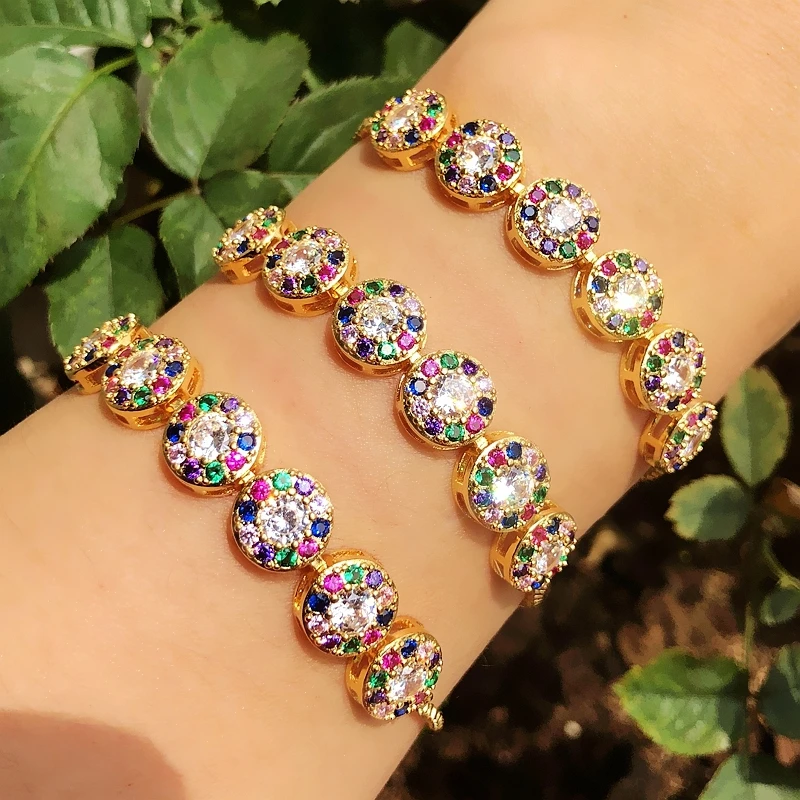 

Luxury round Rainbow Bracelet Full pave colorful Cubic Zircon Gold Color Adjustable Charm chain Bracelets Bangles Women Jewelry