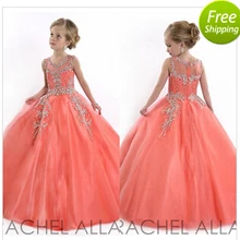 Новые Маленькие Девочки Pageant Платья Принцесса Тюль Sheer Кристаллические Шарики Длина Пола Coral Дети Девушки Цветка Платье