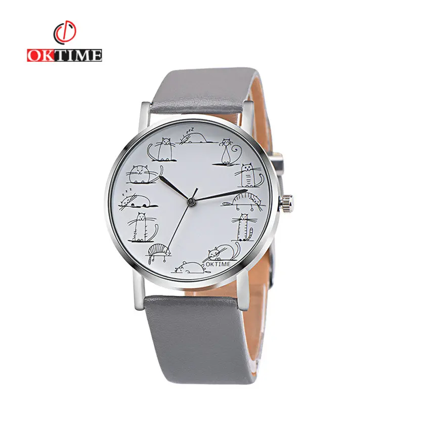 

OKTIME Reloj Mujer Women Watch New Design Lovely Cartoon Cat Faux Leather Quartz Analog Dress Wrist Watches For Women Men Clock