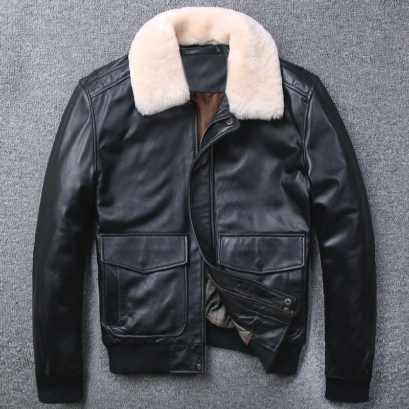 Осень Зима А2 натуральная кожа пилот кожаные куртки мужские короткие тонкие толстые шерстяные воротник кожаные пальто размера плюс повседневное пальто