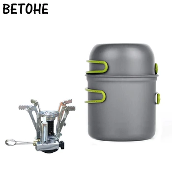 

Outdoor Camping Hiking Backpacking Picnic Cookware Cooking Tool Set Pot Pan + Piezo Ignition Canister Stove travel Cookware