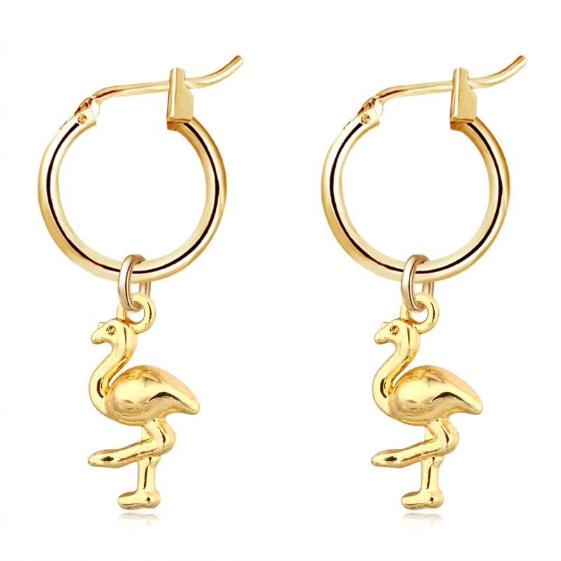 

1 Pair European New Trend Small Cute Flamingo Hoop Earrings With Pendant Gold Color Fashion Earrings As Party Jewelry E536-T2