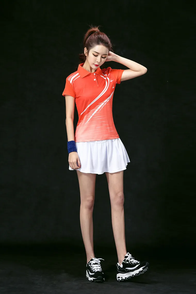 Печать Бадминтон команда наборы Женский, женские теннисные комплекты одежды, теннисная одежда Униформа, теннисные наборы, оранжевый набор 5059B
