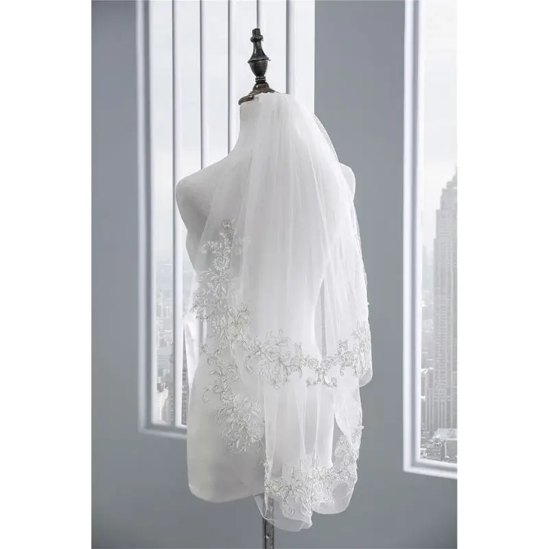 

2 Tier Double Layer Womens Elbow Length Wedding Veil Silver Thread Faux Pearl Embroidered Floral Lace Trim Bridal Veil With Comb
