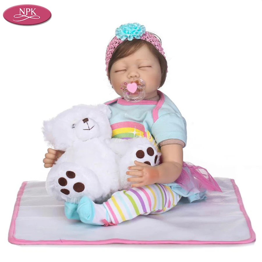NPK 55CM Silicon Doll Lifelike Reborn Baby Girl Soft Cloth Body Realistic Babies Dolls + White Bear Stuffed Toys Children Gifts (4)
