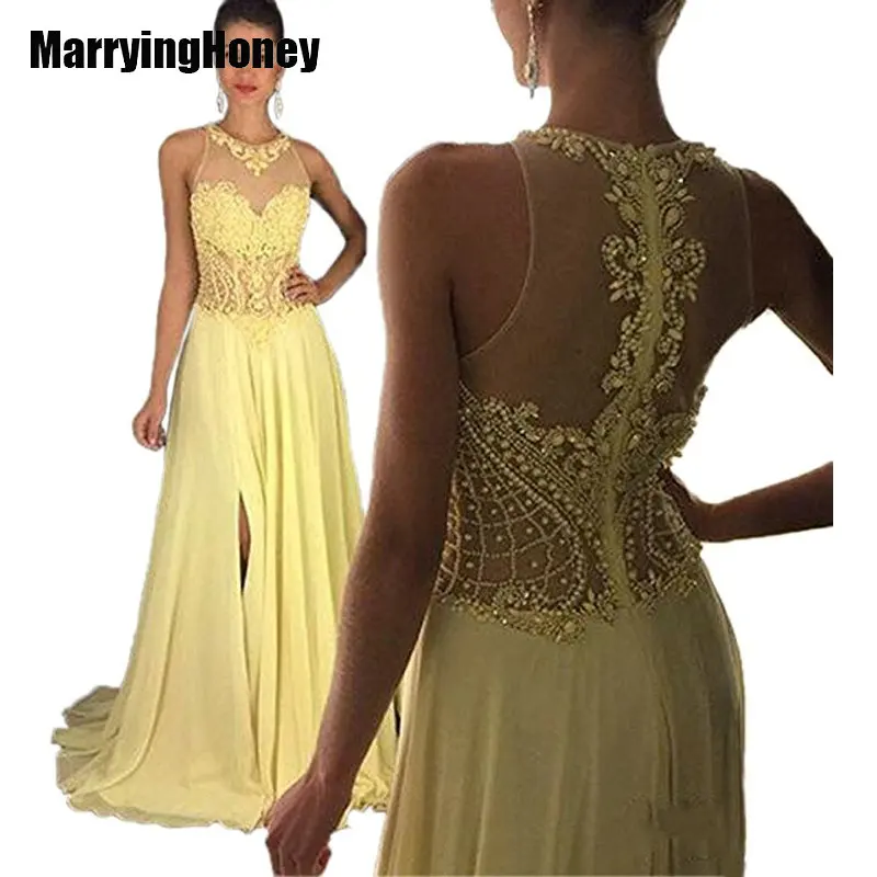 2017 сексуальные желтые шифоновые вечерние платья длинные а-силуэта с аппликацией