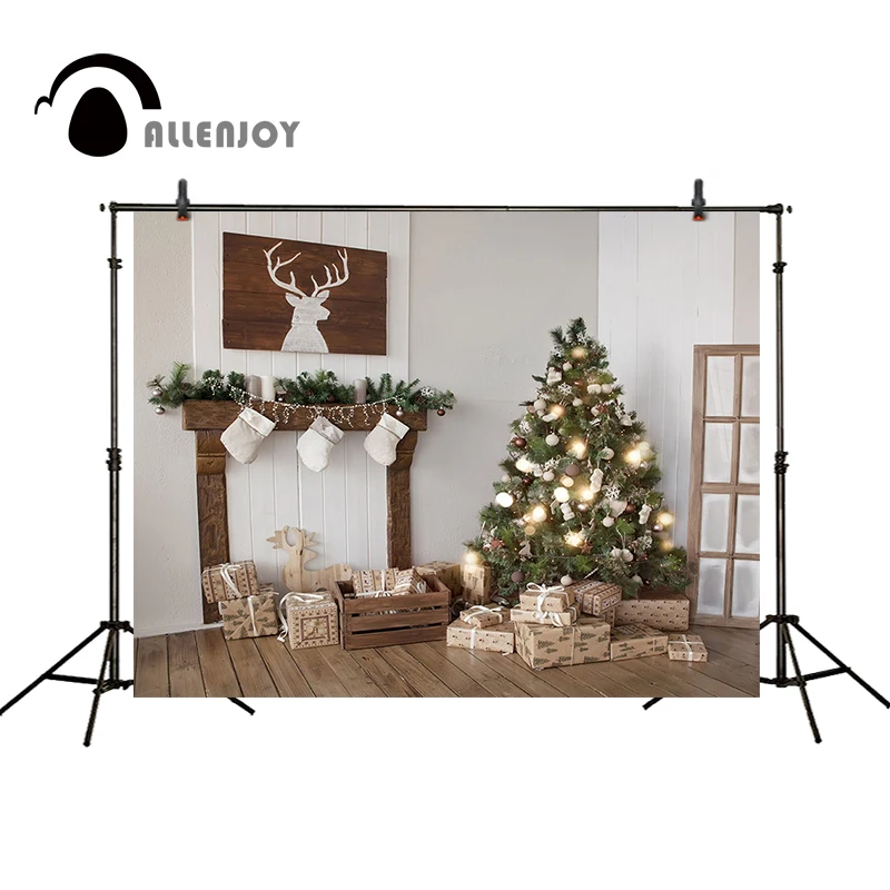 

Allenjoy Christmas backdrop Christmas tree gifts fireplace elk wood floor background for photo photocall for photo studio