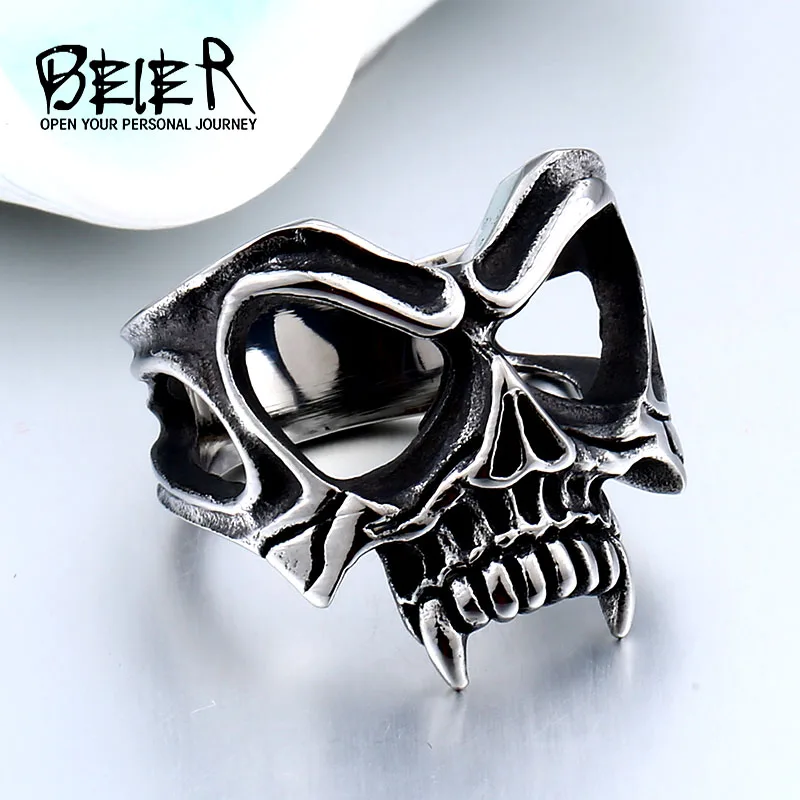 

BEIER Unique 316L stainless steel Gothic Casting Evil Damn Vampire Skull mark Ring Punk jewelry for man free shipping BR8-510
