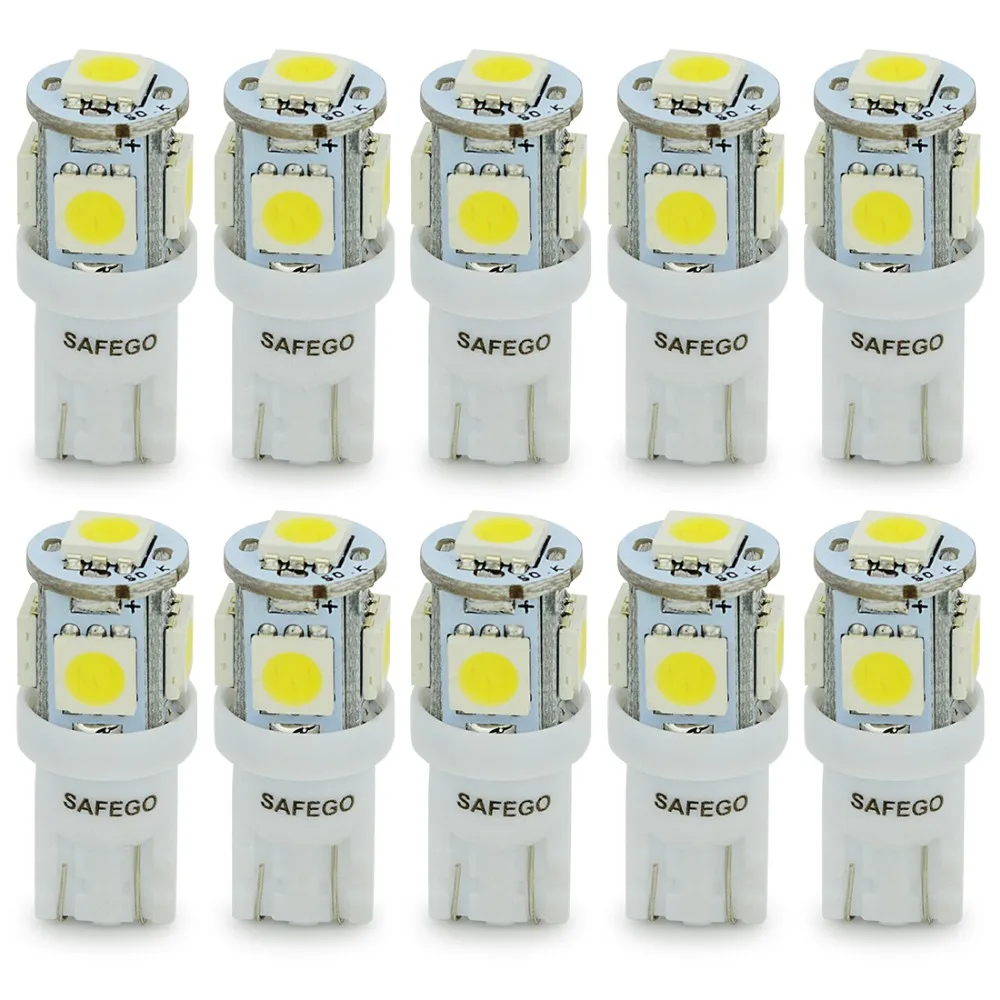 Safego 20x T10 194 168 W5W Клин светодиодный автомобильный светильник t10 5050 5SMD автомобиля клиновидные боковые хвост зазор сигнала лампа белый 12V