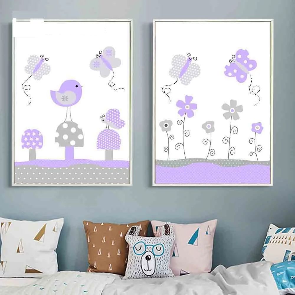 Purple-Butterfly-Bird-Flower-Wall-Art-Canvas-Poster-Cartoon-Nursery-Prints-Paintings-Wall-Picture-Nordic-Kids(2)