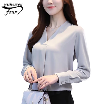 

2019 new autumn casual solid women Chiffon blouses shirt top sweet long sleeve v collar office lady shirt top blusas 699E 30