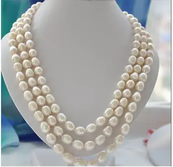 

Women Gift Freshwater very good 3strands 10-11mm rice white Freshwater cultured pearl necklace Fine women jewe