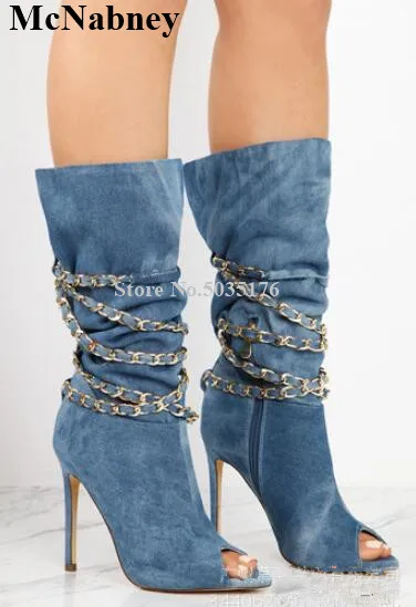 

McNabney Summer Sexy Women Boots Metal Chain Slip-On Zipper Peep Toe Stiletto Heel Mid-Calf Boots New Fashion Solid Women Shoes