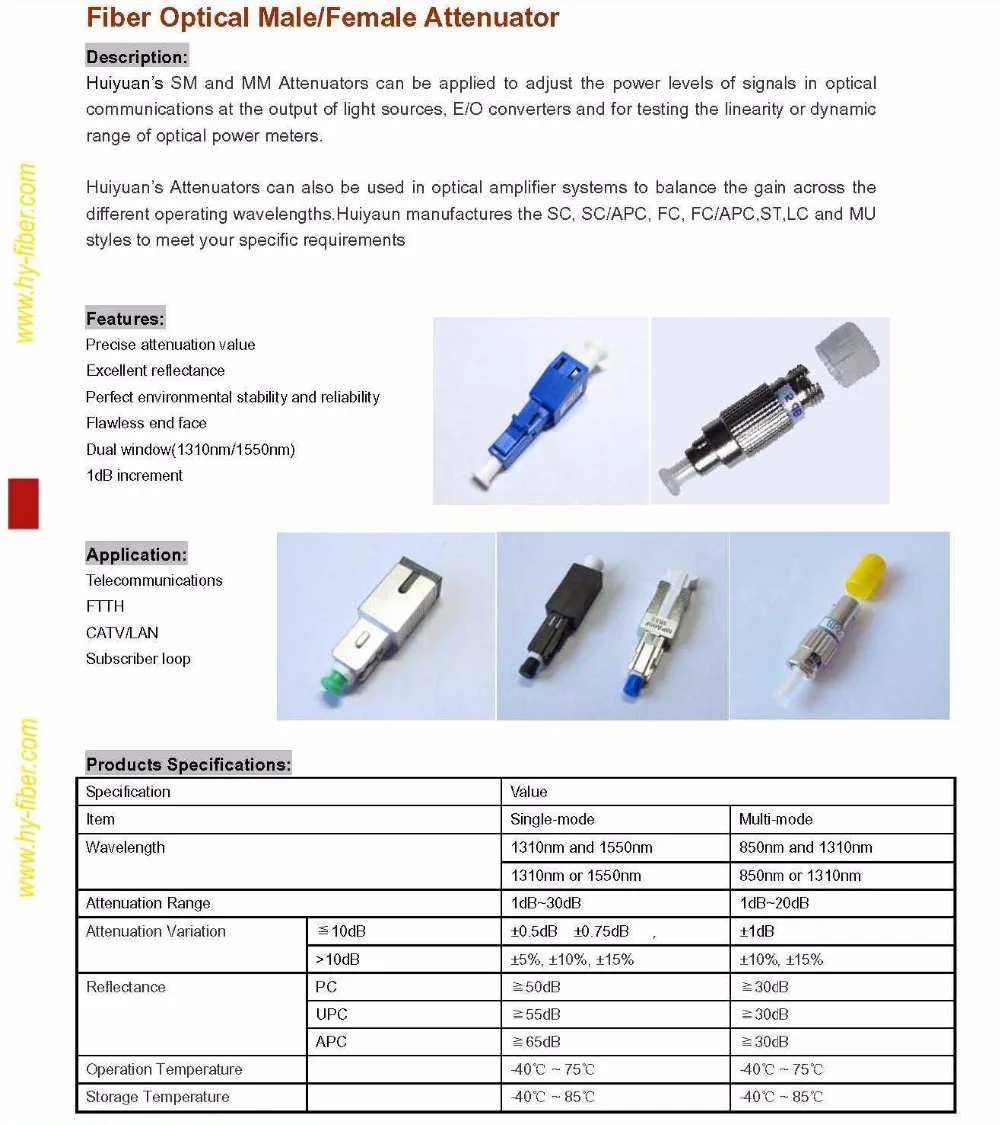 SC SM 9/125um Мужской-Женский аттенюатор 1dB~ 30dB UPC или APC доступны