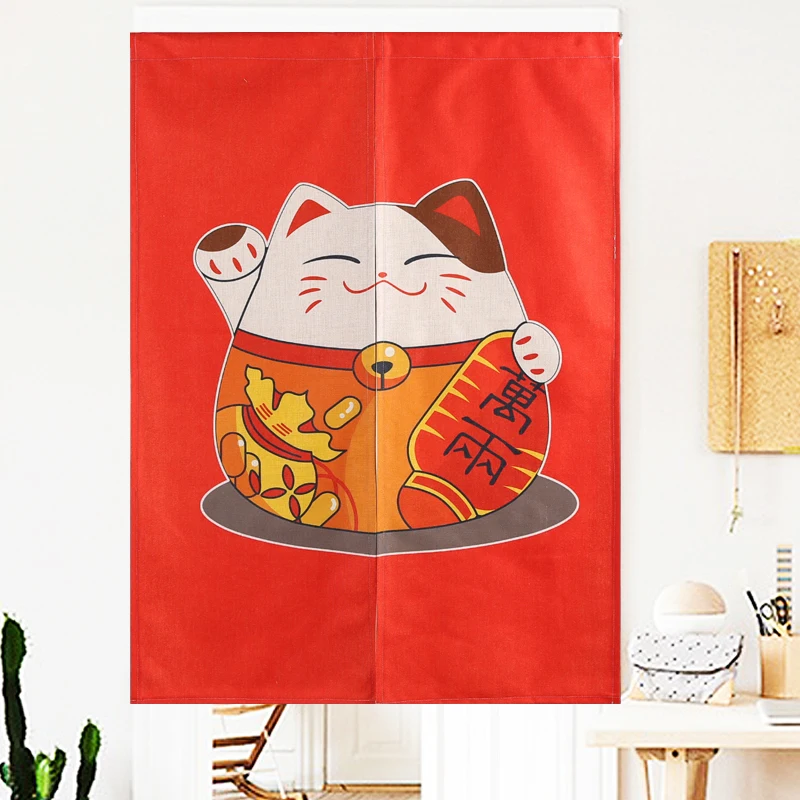

Cute Japanese Lucky Cat Maneki Neko Noren Curtain Red Blue Beckoning Cat for Restaurant Shop Home Living Room Window Decor Funny