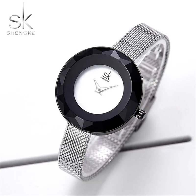 

Creative Prism surface Women's Watch Silver Steel Mesh Quartz Ladies Fashion Clock Top Brand Luxury Female Clock Shengke 2019