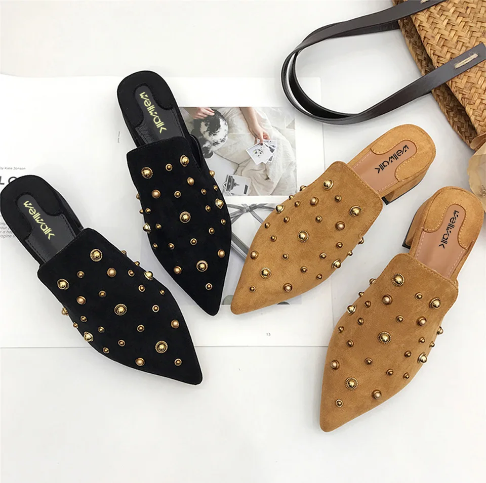 

Black Shoes Women House Slippers Ladies Mules Block Heel Slides Women Shoes Rivets Ladies Slipper Pointed Toe Shoes Female Mules