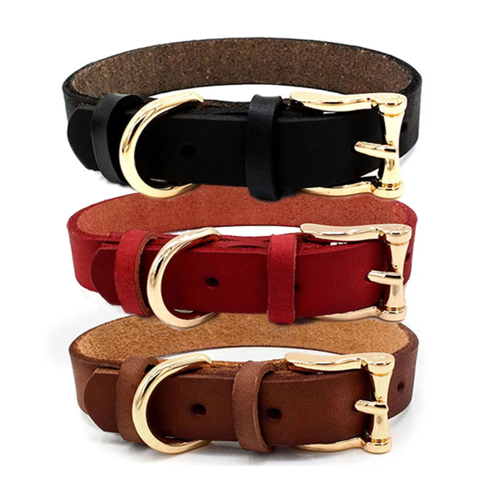 Leather Dog Collar Soft Genuine with Golden Alloy Buckle Adjustable for Small Medium and Large Dogs Pets Cats | Дом и сад