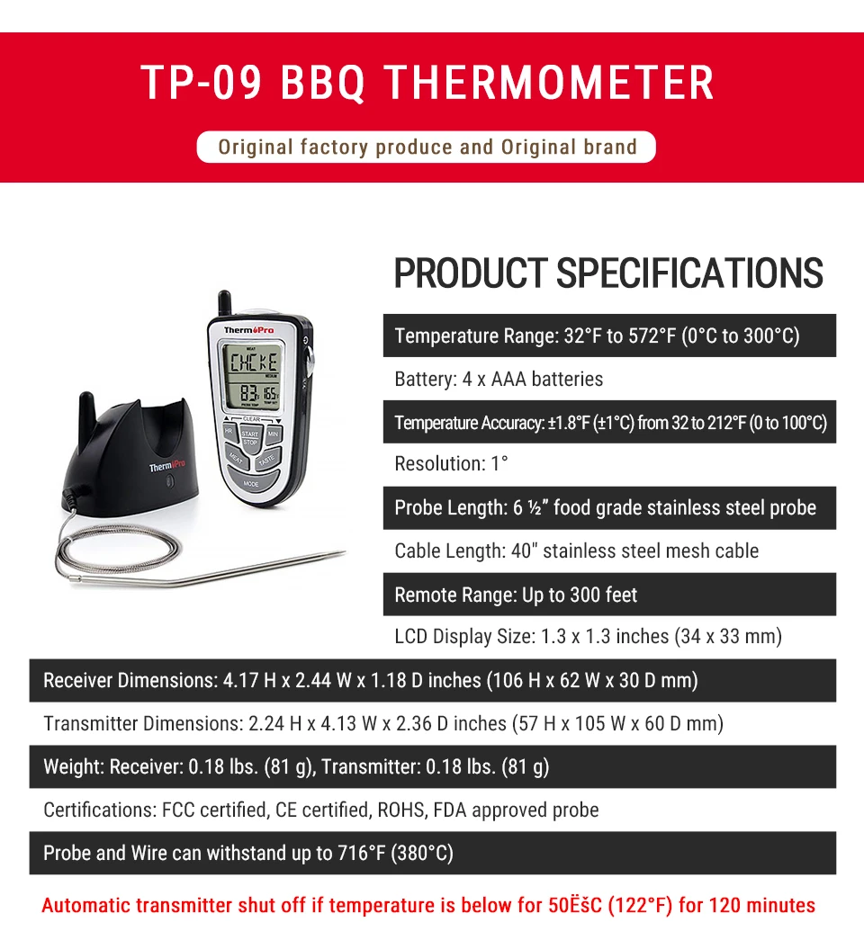 ThermoPro TP-09, 300 футов, цифровой беспроводной термометр для приготовления пищи, термометр для барбекю, мяса, термометр для кухонной печи, зонд из нержавеющей стали