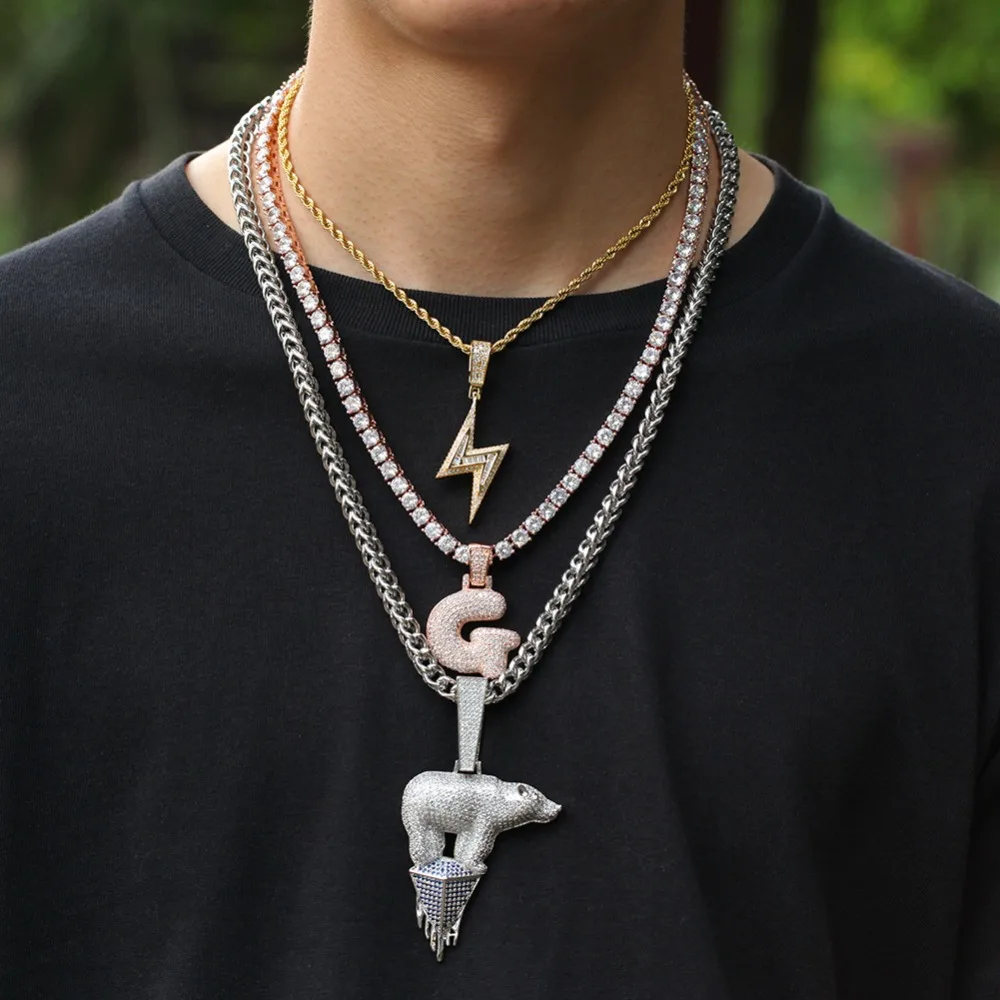 Микро проложили AAA кубического циркония Bling Iced Out подвеска «молния» ожерелье для мужчин хип хоп рэппер ювелирные изделия золото серебро