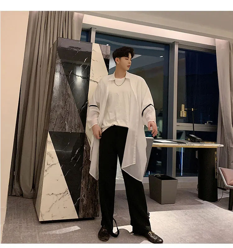 Для мужчин Oversize свободные Летучая мышь с длинным рукавом Повседневное кардиган длинные рубашки мужской уличной хип-хоп белая рубашка