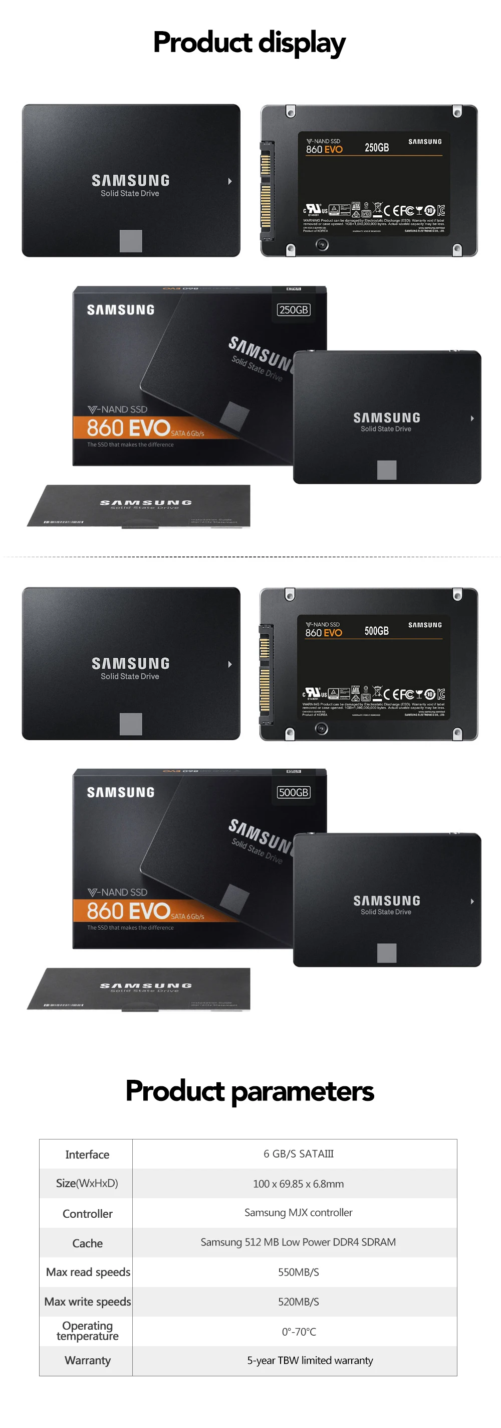 Samsung 860 EVO Internal Solid State Drive 250GB 500GB 1TB HDD Hard Disk HD SATA 3 2.5 inch SATA III SSD for Laptop Desktop PC