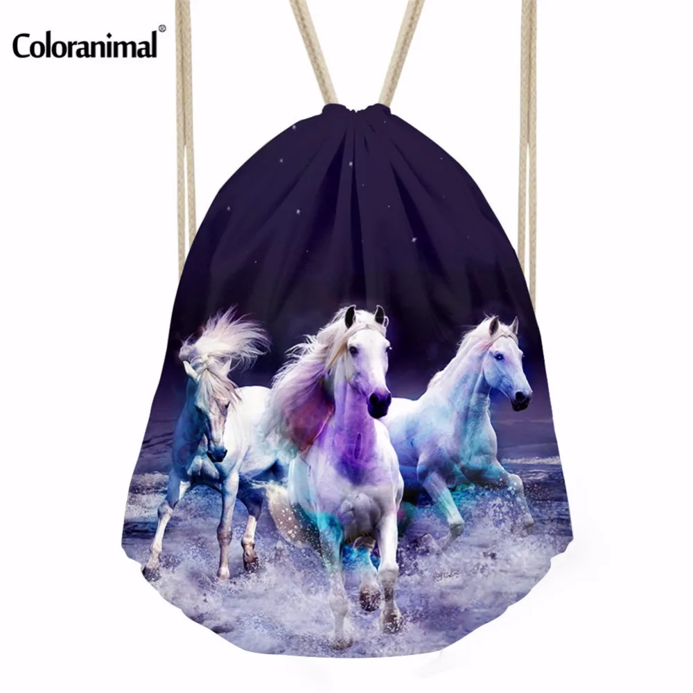 Coloranimal Brand Design 3D Animal Crazy Horse Print Drawstring Bags for Men Women Gym Sack Bag Large String Backpack School Bag