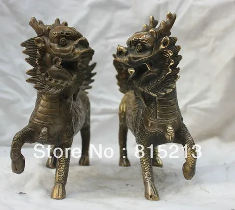 

bi00253 6.4" Chinese Folk Copper Bronze Money Fengshui Kirin Pair Lucky Statue