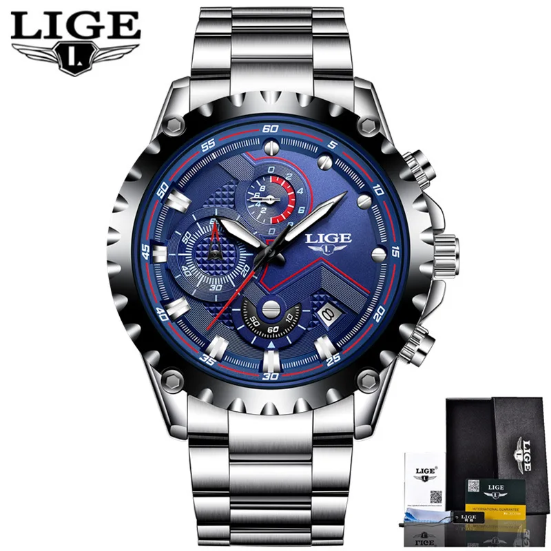 LIGE часы для мужчин модные спортивные кварцевые часы для мужчин s часы лучший бренд класса люкс Полный сталь Бизнес водонепроницаемые часы Relogio Masculino - Цвет: Steel Blue